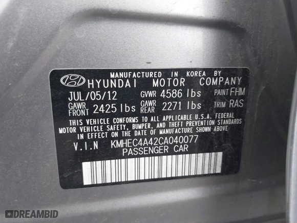 2012 Hyundai Sonata Hybrid with VIN KMHEC4A42CA040077, listed as a IAAI auction lot 42056186 with 167,621 mi miles. Bid and sale history available at carsss.com. Image 9.