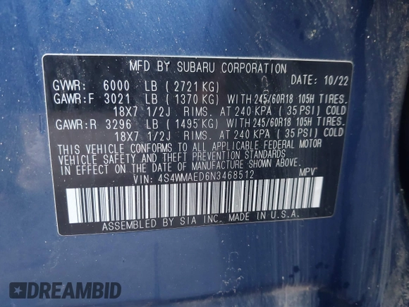 2022 Subaru Ascent Premium z VIN 4S4WMAED6N3468512, wystawiony jako IAAI lot #41499583 z przebiegiem 52 242 mil mil oraz . Historia ofert i sprzedaży dostępna na DreamBid. Obrazek 9.