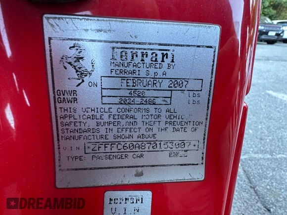 2007 Ferrari 599 z VIN ZFFFC60A870153007, wystawiony jako Copart lot #87106644 z przebiegiem 13 264 mil mil oraz Czysty tytuł • Clean title. Historia ofert i sprzedaży dostępna na DreamBid. Obrazek 10.