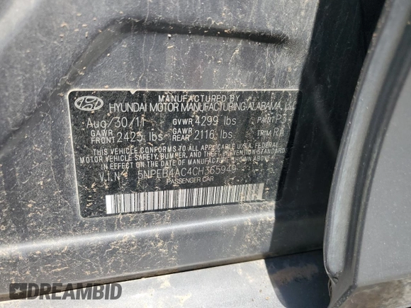 2012 Hyundai Sonata GLS with VIN 5NPEB4AC4CH365949, listed as a Copart auction lot 54781415 with 164,828 mi miles and Clean Title. Bid and sale history available at carsss.com. Image 13.