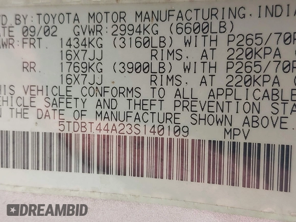 2003 Toyota Sequoia SR5 with VIN 5TDBT44A23S140109, listed as a IAAI auction lot 42231059 with 271,301 mi miles and . Bid and sale history available at DreamBid. Image 9.