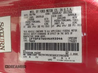 1997 Ford F-150 XL with VIN 1FTDF0766VKA93046, listed as a IAAI auction lot 42609681 with 162,681 mi miles and . Bid and sale history available at DreamBid. Image 9.
