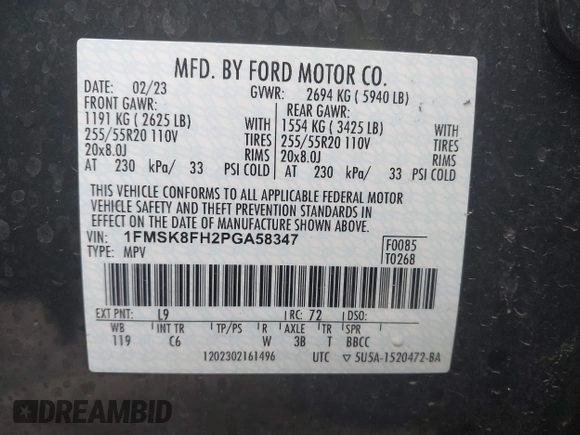 2023 Ford Explorer Limited z VIN 1FMSK8FH2PGA58347, wystawiony jako IAAI lot #41685319 z przebiegiem 34 228 mil mil oraz . Historia ofert i sprzedaży dostępna na DreamBid. Obrazek 9.