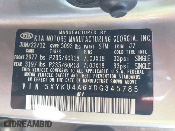 2013 Kia Sorento EX with VIN 5XYKU4A6XDG345785, listed as a IAAI auction lot 42199217 with 245,900 mi miles and . Bid and sale history available at DreamBid. Image 9.