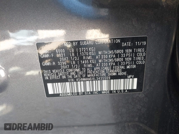 2020 Subaru Ascent Limited with VIN 4S4WMAMD8L3435509, listed as a IAAI auction lot 42056877 with 94,167 mi miles and . Bid and sale history available at DreamBid. Image 9.