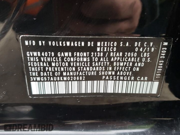 2019 Volkswagen Golf S z VIN 3VWG57AU8KM020682, wystawiony jako Copart lot #51091875 z przebiegiem 48 257 mil mil oraz Szkoda całkowita • Salvage title. Historia ofert i sprzedaży dostępna na DreamBid. Obrazek 12.