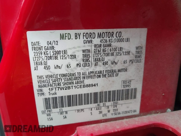 2012 Ford F-250 XL with VIN 1FT7W2BT1CEB88941, listed as a IAAI auction lot 42431473 with 341,743 mi miles and . Bid and sale history available at DreamBid. Image 9.