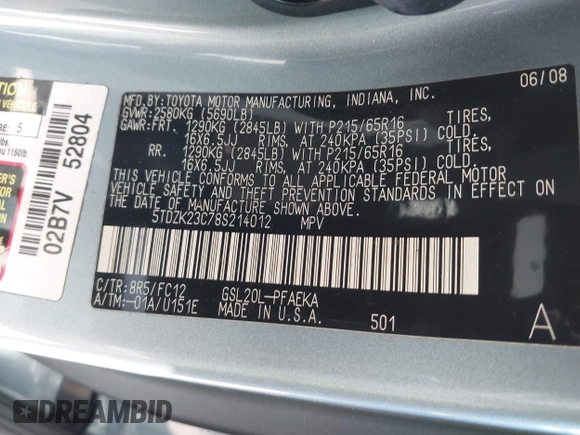 2008 Toyota Sienna CE with VIN 5TDZK23C78S214012, listed as a IAAI auction lot 41633530 with 160,428 mi miles and . Bid and sale history available at DreamBid. Image 9.