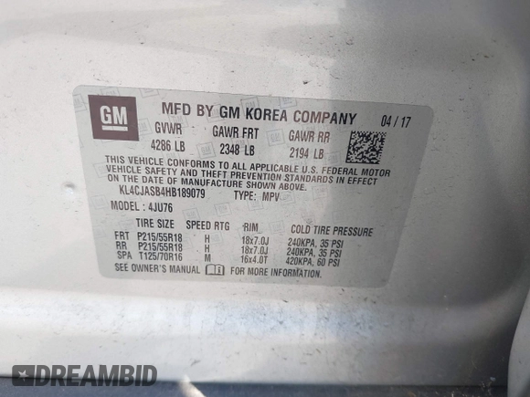2017 Buick Encore Preferred with VIN KL4CJASB4HB189079, listed as a IAAI auction lot 40811061 with 73,766 mi miles and . Bid and sale history available at DreamBid. Image 9.