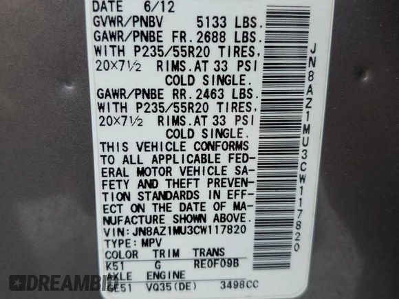 2012 Nissan Murano S with VIN JN8AZ1MU3CW117820, listed as a Copart auction lot 71184804 with 161,917 mi miles and Salvage Title. Bid and sale history available at carsss.com. Image 13.