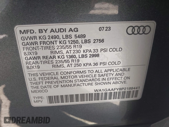 2023 Audi Q5 S line Premium with VIN WA1GAAFY8P2189441, listed as a IAAI auction lot 41734610 with 18,909 mi miles. Bid and sale history available at carsss.com. Image 9.