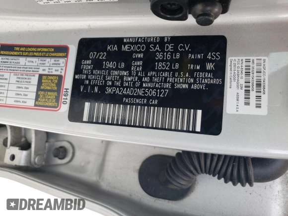 2022 Kia Rio LX with VIN 3KPA24AD2NE506127, listed as a Copart auction lot 63672404 with Not Provided miles and Salvage Title. Bid and sale history available at DreamBid. Image 13.