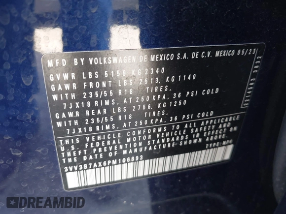 2023 Volkswagen Tiguan SE с VIN 3VV3B7AX6PM106893, выставлен на аукционе IAAI как лот 41971785 с пробегом 31 718 миль миль и . История ставок и продаж доступна на DreamBid. Изображение 9.