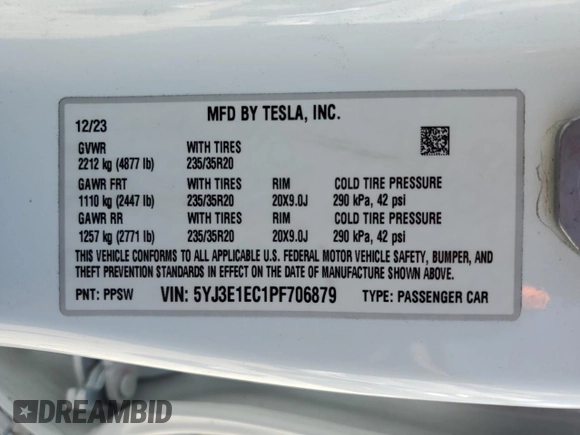 2023 Tesla Model 3 Performance z VIN 5YJ3E1EC1PF706879, wystawiony jako Copart lot #53369295 z przebiegiem 15 825 mil mil oraz Szkoda całkowita • Salvage title. Historia ofert i sprzedaży dostępna na DreamBid. Obrazek 13.