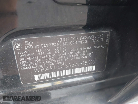 2011 BMW 3 Series 335i xDrive with VIN WBAPL5C55BA918010, listed as a IAAI auction lot 42711896 with 144,536 mi miles and . Bid and sale history available at DreamBid. Image 9.