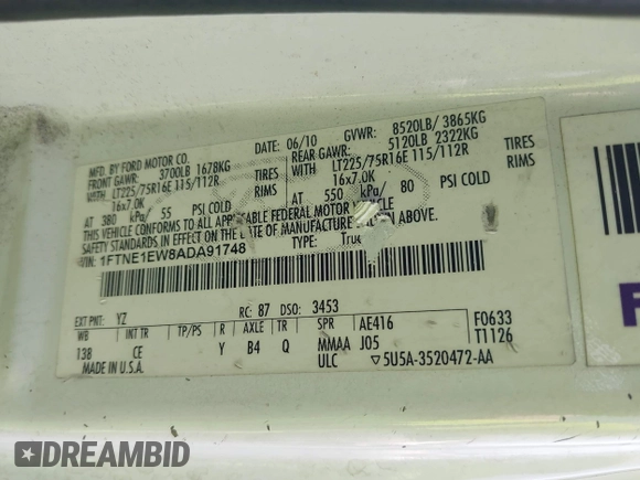 2010 Ford Econoline Cargo Commercial with VIN 1FTNE1EW8ADA91748, listed as a IAAI auction lot 42449221 with 190,616 mi miles and . Bid and sale history available at DreamBid. Image 9.