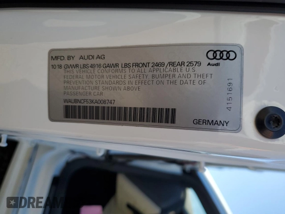 2019 Audi A5 Sportback Premium Plus with VIN WAUBNCF53KA008747, listed as a Copart auction lot 68033083 with 41,219 mi miles. Bid and sale history available at carsss.com. Image 12.