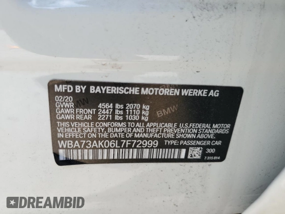 2020 BMW 2 Series 228i xDrive with VIN WBA73AK06L7F72999, listed as a Copart auction lot 84939604 with 38,259 mi miles and Non Repairable. Bid and sale history available at DreamBid. Image 12.
