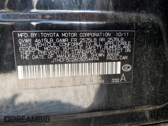 2012 Lexus IS 250 with VIN JTHCF5C26C5054494, listed as a Copart auction lot 53718735 with 140,635 mi miles and Salvage Title. Bid and sale history available at DreamBid. Image 12.