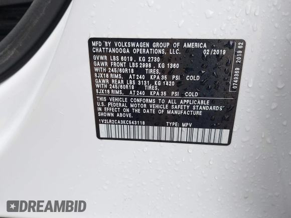 2019 Volkswagen Atlas SE с VIN 1V2LR2CA3KC543118, выставлен на аукционе IAAI как лот 41887298 с пробегом 103 261 миль миль и . История ставок и продаж доступна на DreamBid. Изображение 9.