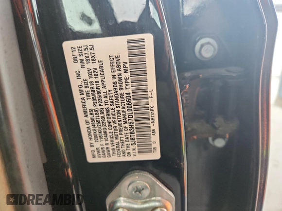 2013 Acura RDX Technology with VIN 5J8TB3H57DL006604, listed as a Copart auction lot 58535985 with 135,186 mi miles and Salvage title. Bid and sale history available at DreamBid. Image 13.