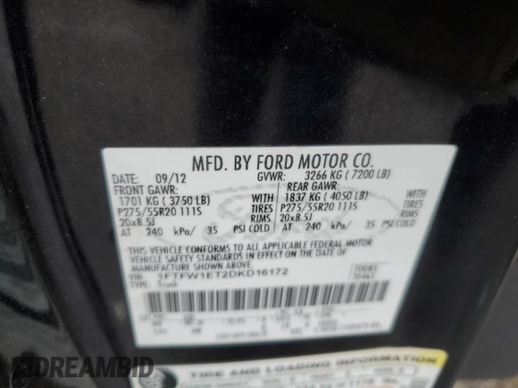 2013 Ford F-150 XL with VIN 1FTFW1ET2DKD16172, listed as a Copart auction lot 44027744 with 164,220 mi miles and Salvage Title. Bid and sale history available at carsss.com. Image 12.
