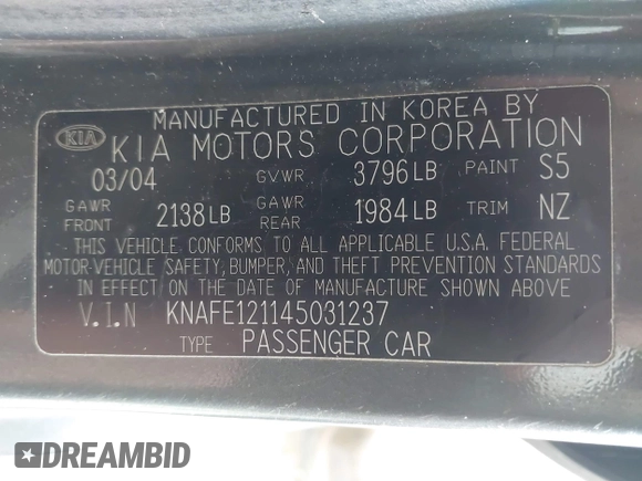 2004 Kia Spectra LX with VIN KNAFE121145031237, listed as a IAAI auction lot 41954550 with 133,744 mi miles. Bid and sale history available at carsss.com. Image 9.