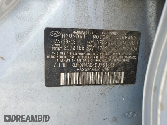 2013 Hyundai Elantra Limited with VIN KMHDH4AE4DU781496, listed as a Copart auction lot 55837765 with 149,815 mi miles and Salvage Title. Bid and sale history available at DreamBid. Image 12.