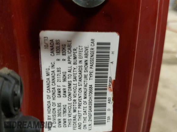 2013 Honda Civic Si with VIN 2HGFG4A59DH706684, listed as a Copart auction lot 61300645 with 129,824 mi miles and Salvage title. Bid and sale history available at DreamBid. Image 12.