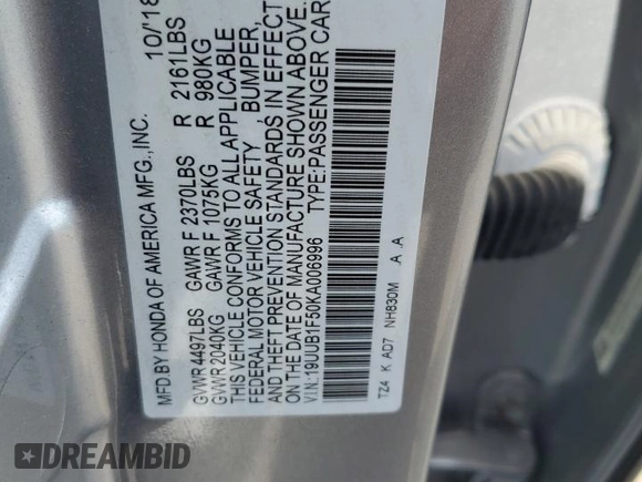 2019 Acura TLX Technology с VIN 19UUB1F50KA006996, выставлен на аукционе Copart как лот 65332145 с пробегом 101 535 миль миль и Списание • Salvage title. История ставок и продаж доступна на DreamBid. Изображение 13.