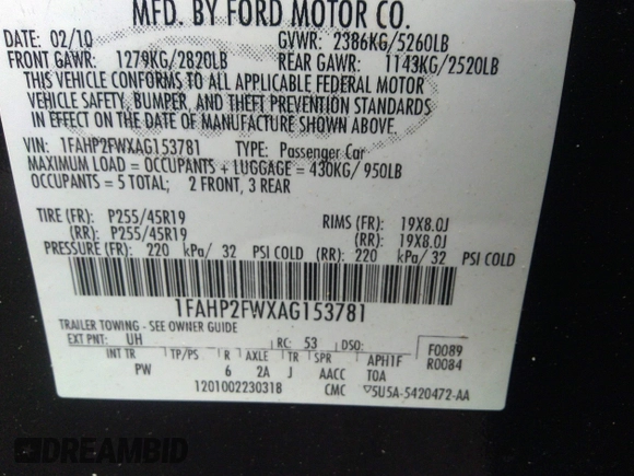 2010 Ford Taurus Limited with VIN 1FAHP2FWXAG153781, listed as a IAAI auction lot 41833315 with 176,800 mi miles. Bid and sale history available at carsss.com. Image 9.