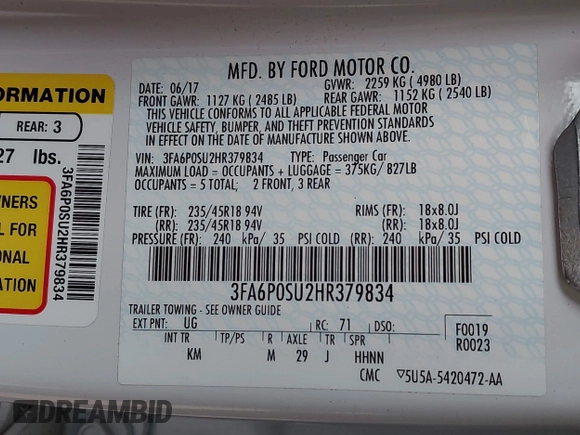2017 Ford Fusion Titanium with VIN 3FA6P0SU2HR379834, listed as a IAAI auction lot 42440382 with 55,646 mi miles and . Bid and sale history available at DreamBid. Image 9.