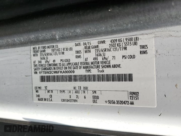 2015 Ford Transit z VIN 1FTSW2CM6FKA90009, wystawiony jako Copart lot #56089025 z przebiegiem 133 000 mil mil oraz Szkoda całkowita • Salvage title. Historia ofert i sprzedaży dostępna na DreamBid. Obrazek 13.