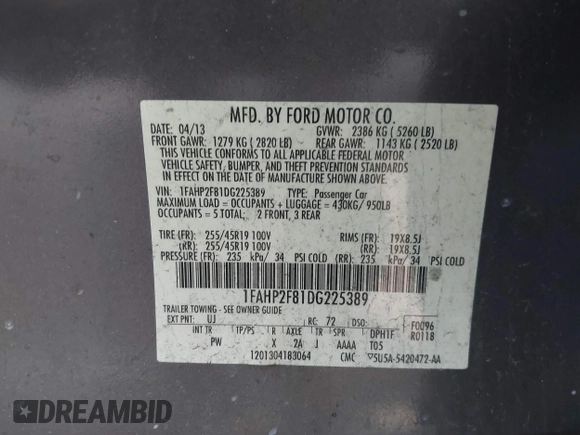 2013 Ford Taurus Limited с VIN 1FAHP2F81DG225389, выставлен на аукционе IAAI как лот 42429969 с пробегом 241 874 миль миль и . История ставок и продаж доступна на DreamBid. Изображение 9.