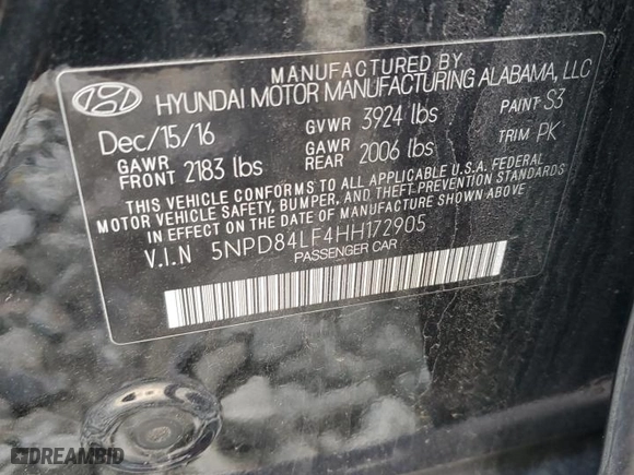2017 Hyundai Elantra SE with VIN 5NPD84LF4HH172905, listed as a Copart auction lot 52244855 with 46,476 mi miles and Salvage Title. Bid and sale history available at carsss.com. Image 14.