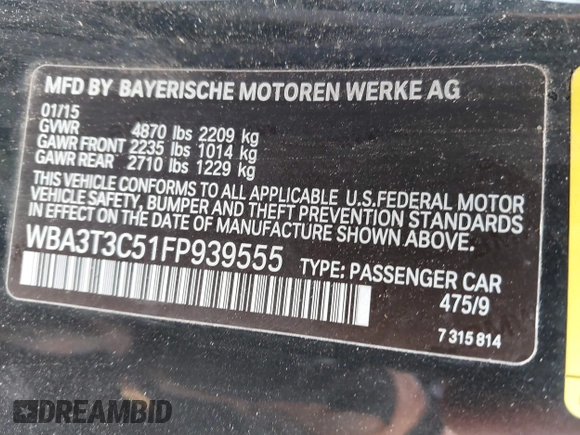 2015 BMW 4 Series 435i with VIN WBA3T3C51FP939555, listed as a IAAI auction lot 41815749 with 57,480 mi miles and . Bid and sale history available at carsss.com. Image 9.