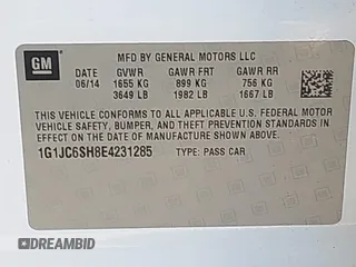2014 Chevrolet Sonic LT with VIN 1G1JC6SH8E4231285, listed as a IAAI auction lot 41680059 with 167,666 mi miles. Bid and sale history available at carsss.com. Image 9.