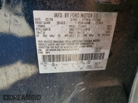 2008 Ford Edge SEL z VIN 2FMDK38C68BA62164, wystawiony jako Copart lot #58171495 z przebiegiem 171 147 mil mil oraz Tytuł czysty. Historia ofert i sprzedaży dostępna na DreamBid. Obrazek 12.
