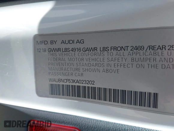 2019 Audi A5 Sportback Premium Plus with VIN WAUBNCF53KA023202, listed as a IAAI auction lot 41749214 with 40,716 mi miles and . Bid and sale history available at DreamBid. Image 9.