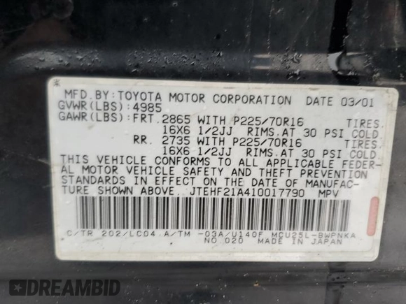 2001 Toyota Highlander z VIN JTEHF21A410017790, wystawiony jako Copart lot #44321405 z przebiegiem 165 648 mil mil oraz Szkoda całkowita • Salvage title. Historia ofert i sprzedaży dostępna na DreamBid. Obrazek 13.