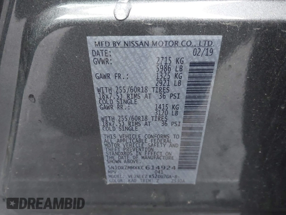 2019 Nissan Pathfinder SV with VIN 5N1DR2MMXKC614924, listed as a IAAI auction lot 41968839 with 60,651 mi miles and . Bid and sale history available at DreamBid. Image 9.