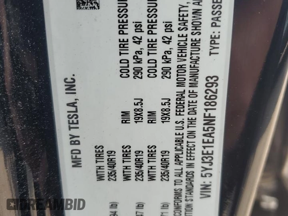 2022 Tesla Model 3 with VIN 5YJ3E1EA5NF186293, listed as a Copart auction lot 66789134 with 71,471 mi miles and Salvage Title. Bid and sale history available at DreamBid. Image 12.
