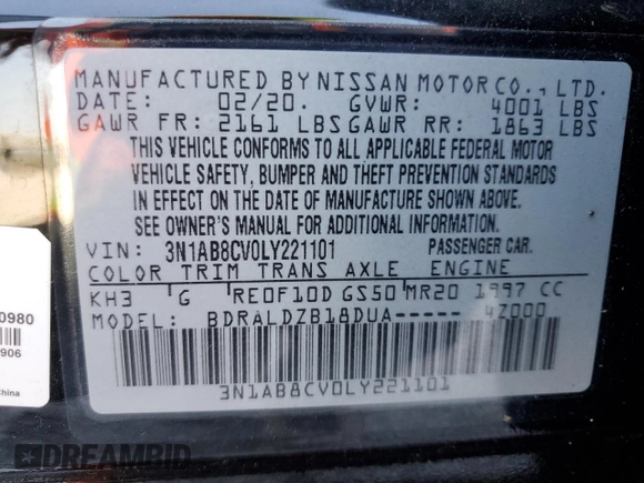 2020 Nissan Sentra SV with VIN 3N1AB8CV0LY221101, listed as a Copart auction lot 55604475 with 94,348 mi miles and Clean Title. Bid and sale history available at carsss.com. Image 12.