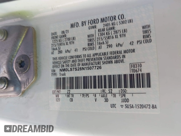 2022 Ford Transit Connect XL with VIN NM0LS7S28N1507726, listed as a IAAI auction lot 41771882 with 181,406 mi miles and . Bid and sale history available at DreamBid. Image 9.