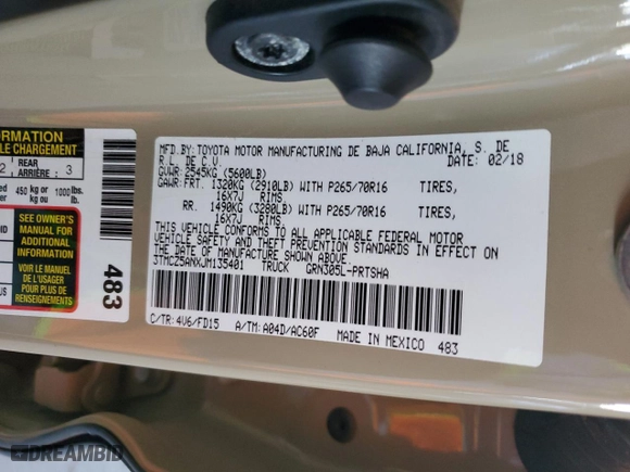2018 Toyota Tacoma SR with VIN 3TMCZ5ANXJM135401, listed as a Copart auction lot 49405985 with 62,637 mi miles and Salvage Title. Bid and sale history available at carsss.com. Image 12.