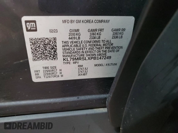 2023 Chevrolet TrailBlazer LT with VIN KL79MRSLXPB147249, listed as a Copart auction lot 43468784 with 15,685 mi miles and . Bid and sale history available at DreamBid. Image 13.