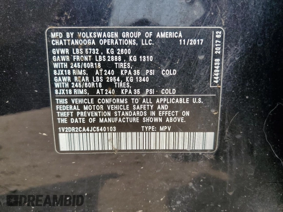 2018 Volkswagen Atlas SE z VIN 1V2DR2CA4JC540103, wystawiony jako Copart lot #58858405 z przebiegiem Nie podano mil oraz Szkoda całkowita • Salvage title. Historia ofert i sprzedaży dostępna na DreamBid. Obrazek 13.