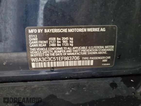 2014 BMW 3 Series 320i xDrive with VIN WBA3C3C51EF983706, listed as a Copart auction lot 61472895 with 167,549 mi miles and Non repairable. Bid and sale history available at DreamBid. Image 12.