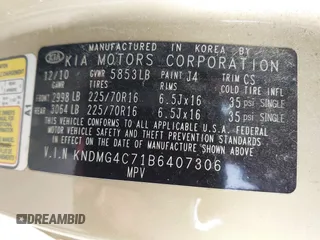2011 Kia Sedona LX with VIN KNDMG4C71B6407306, listed as a IAAI auction lot 41922697 with 243,248 mi miles. Bid and sale history available at carsss.com. Image 9.