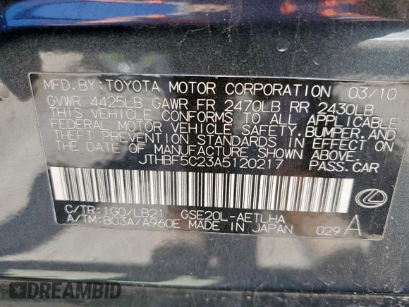 2010 Lexus IS 250 z VIN JTHBF5C23A5120217, wystawiony jako Copart lot #53042065 z przebiegiem 164 324 mil mil oraz Szkoda całkowita • Salvage title. Historia ofert i sprzedaży dostępna na DreamBid. Obrazek 12.
